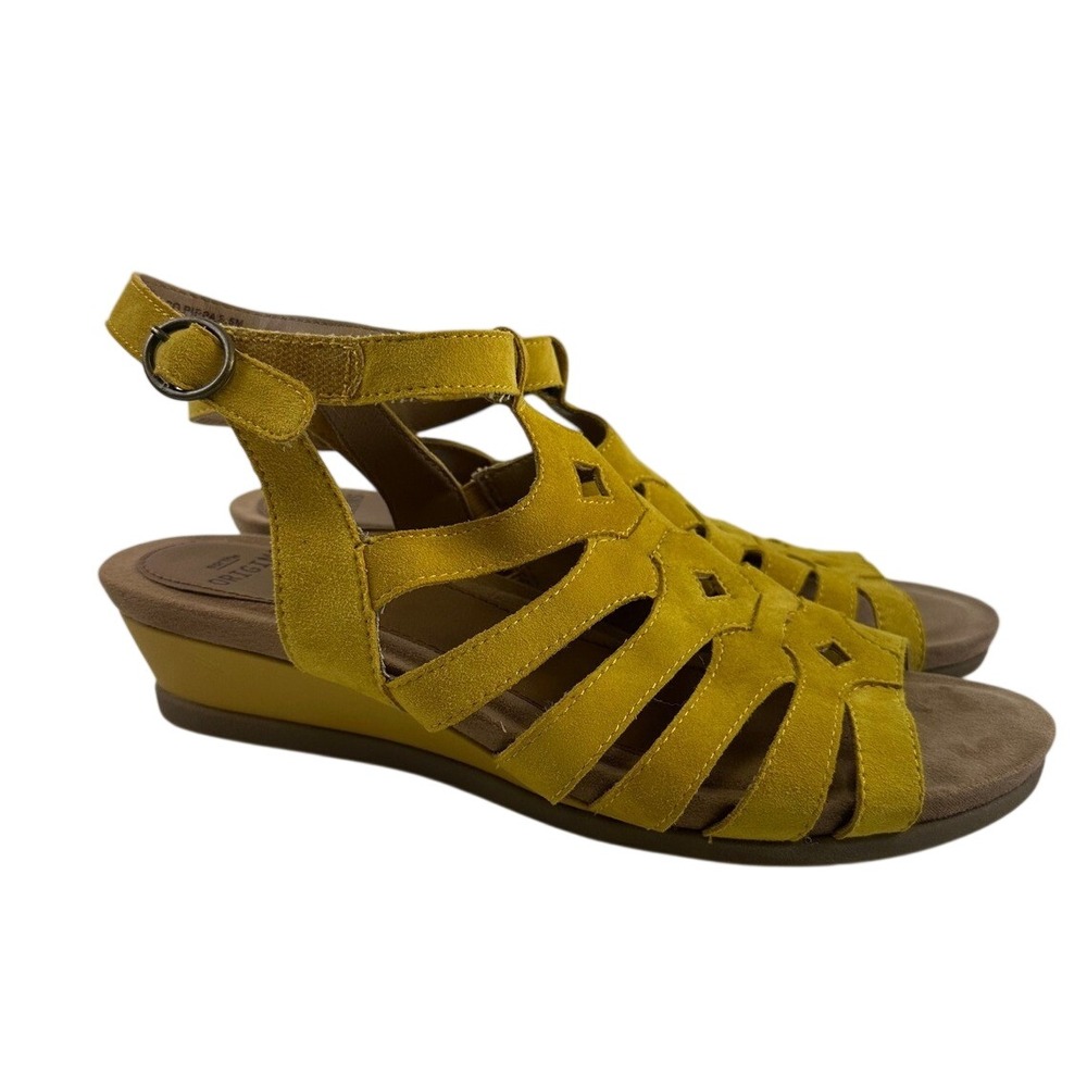 Earth Origins Pico Pippa Wedge Sandals Yolk Yellow Suede Strappy Womens 9.5M
